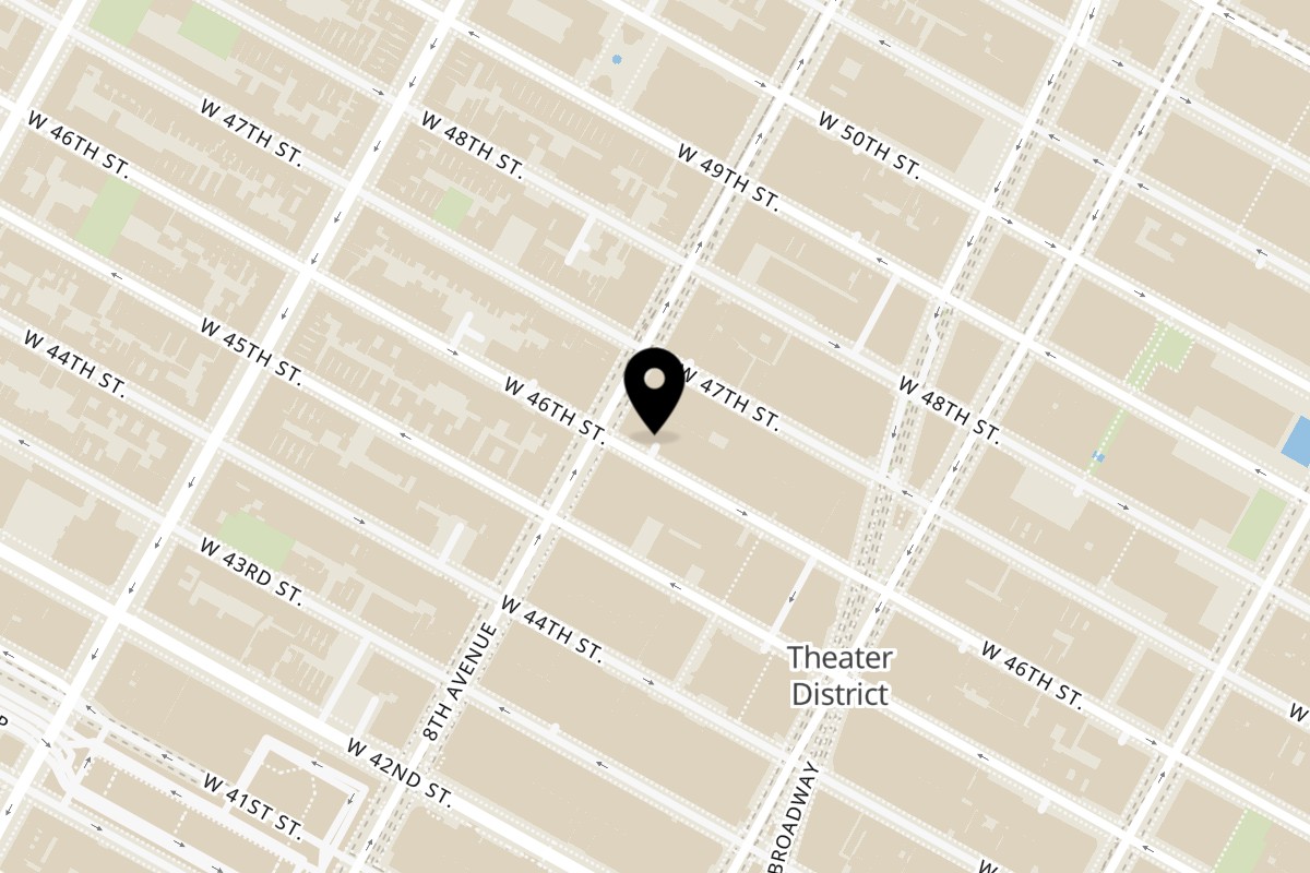 Map showing the location of Twentyonegrains Midtown on 245 W 46th St in New York